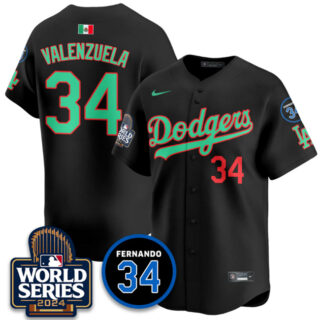 Men's Los Angeles Dodgers #34 Fernando Valenzuela Black Mexico 2024 World Series & Fernando Memorial Patch Vapor Premier Limited Stitched Baseball Jersey
