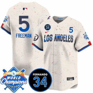 Men's Los Angeles Dodgers #5 Freddie Freeman Cream 2024 World Champions & Fernando Memorial Patch City Connect Vapor Premier Limited Stitched Baseball Jersey