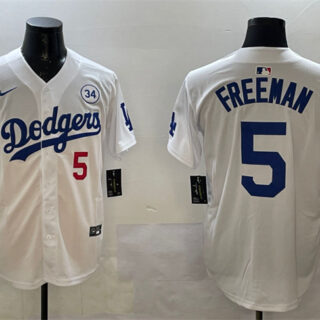 Men's Los Angeles Dodgers #5 Freddie Freeman White 2024 World Series With No. 34 Patch Home Limited Stitched Baseball Jersey