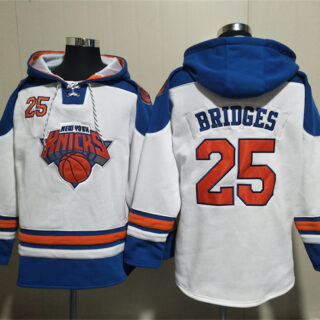 Men's New Yok Knicks #25 Mikal Bridges White Lace-Up Pullover Hoodie