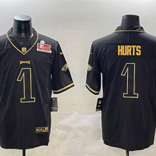 Men's Philadelphia Eagles #1 Jalen Hurts Black Gold 2025 Super Bowl LIX Patch Salute To Service Vapor Untouchable Limited Stitched Football Jersey