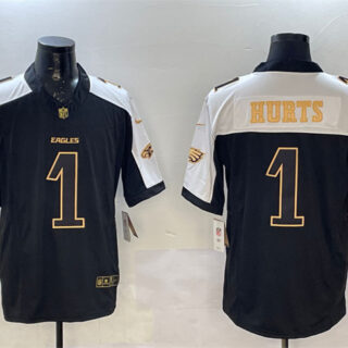 Men's Philadelphia Eagles #1 Jalen Hurts Black Gold New F.U.S.E. Vapor Untouchable Limited Stitched Football Jersey