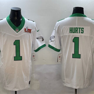 Men's Philadelphia Eagles #1 Jalen Hurts White 2025 Super Bowl LIX Patch F.U.S.E. Vapor Untouchable Limited Stitched Football Jersey