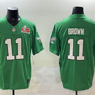 Men's Philadelphia Eagles #11 A.J. Brown Green 2025 Super Bowl LIX Patch F.U.S.E. Throwback Vapor Untouchable Limited Stitched Football Jersey