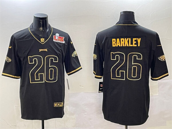 Men's Philadelphia Eagles #26 Saquon Barkley Black Gold 2025 Super Bowl LIX Patch Salute To Service Vapor Untouchable Limited Stitched Football Jersey