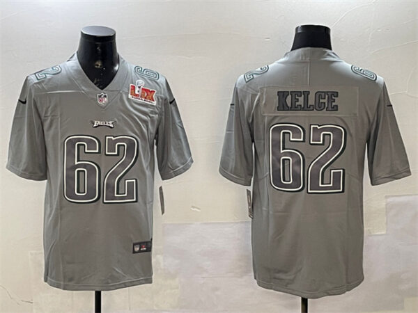 Men's Philadelphia Eagles #62 Jason Kelce Grey 2025 Super Bowl LIX Patch Atmosphere Fashion Vapor Untouchable Limited Stitched Football Jersey