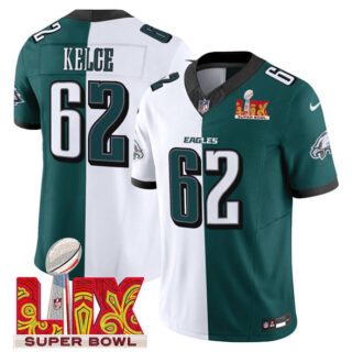 Men's Philadelphia Eagles #62 Jason Kelce White Green Split 2025 Super Bowl LIX Patch F.U.S.E. Vapor Untouchable Limited Stitched Football Jersey