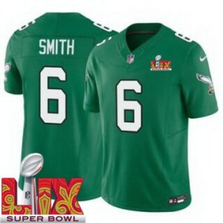 Men's Philadelphia Eagles DeVonta Smith #6 Kelly Green 2024 2025 Super Bowl LIX F U S E Stitched NFL Jersey