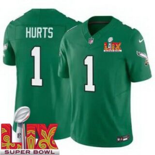Men's Philadelphia Eagles Jalen Hurts #1 Kelly Green 2024 2025 Super Bowl LIX F U S E Stitched NFL Jersey
