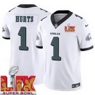 Men's Philadelphia Eagles Jalen Hurts #1 White 2024 2025 Super Bowl LIX F U S E Stitched NFL Jersey