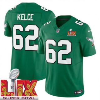 Men's Philadelphia Eagles Jason Kelce #62 Kelly Green 2024 2025 Super Bowl LIX F U S E Stitched NFL Jersey