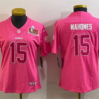 Women's Kansas City Chiefs #15 Patrick Mahomes Pink 2025 Super Bowl LIX Patch Vapor Untouchable Limited Stitched Football Jersey(Run Small)