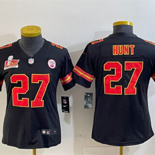 Women's Kansas City Chiefs #27 Kareem Hunt Black 2025 Super Bowl LIX Patch Vapor Untouchable Limited Stitched Football Jersey(Run Small)