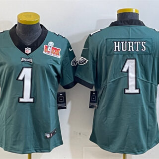 Women's Philadelphia Eagles #1 Jalen Hurts Green 2025 Super Bowl LIX Patch Vapor Untouchable Limited Stitched Football Jersey(Run Small)