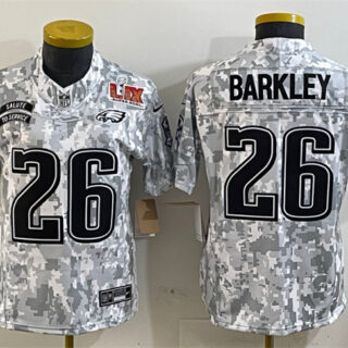 Women's Philadelphia Eagles #26 Saquon Barkley 2025 Super Bowl LIX Patch F.U.S.E Arctic Camo Salute To Service Limited Stitched Jersey(Run Small)