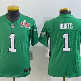 Youth Philadelphia Eagles #1 Jalen Hurts Green 2025 Super Bowl LIX Patch F.U.S.E. Throwback Vapor Untouchable Limited Stitched Football Jersey