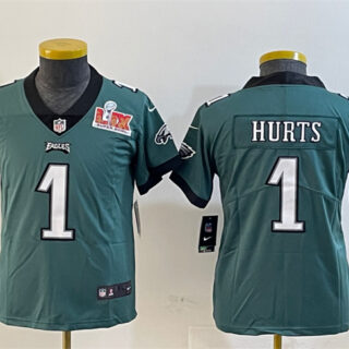 Youth Philadelphia Eagles #1 Jalen Hurts Green 2025 Super Bowl LIX Patch Vapor Untouchable Limited Stitched Football Jersey