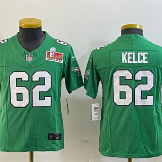 Youth Philadelphia Eagles #62 Jason Kelce Green 2025 Super Bowl LIX Patch F.U.S.E. Throwback Vapor Untouchable Limited Stitched Football Jersey