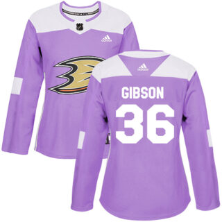 Women's Anaheim Ducks #36 John Gibson Purple Authentic Fights Cancer Stitched NHL Jersey