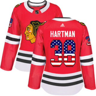 Women's Chicago Blackhawks #38 Ryan Hartman Red Home Authentic USA Flag Stitched NHL Jersey