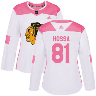 Women's Chicago Blackhawks #81 Marian Hossa White Pink Authentic Fashion Stitched NHL Jersey