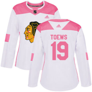 Women's Chicago Blackhawks #19 Jonathan Toews White Pink Authentic Fashion Stitched NHL Jersey