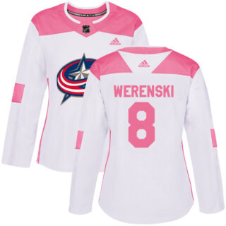 Women's Columbus Blue Jackets #8 Zach Werenski White Pink Authentic Fashion Stitched NHL Jersey