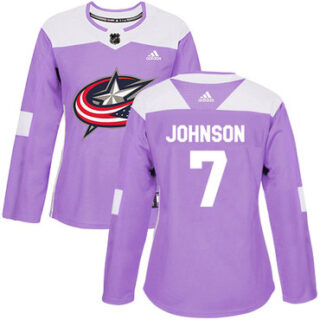 Women's Columbus Blue Jackets #7 Jack Johnson Purple Authentic Fights Cancer Stitched NHL Jersey