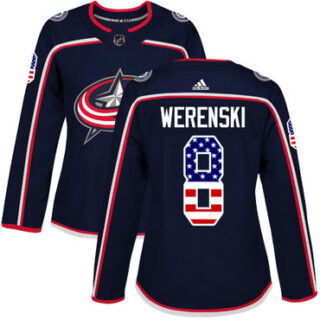 Women's Columbus Blue Jackets #8 Zach Werenski Navy Blue Home Authentic USA Flag Stitched NHL Jersey