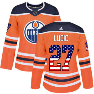 Women's Edmonton Oilers #27 Milan Lucic Orange Home Authentic USA Flag Stitched NHL Jersey