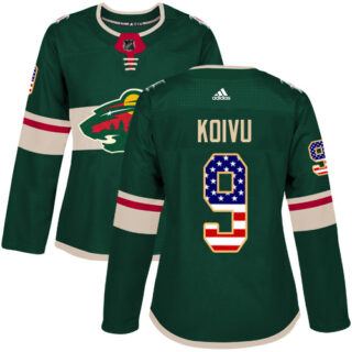 Women's Minnesota Wild #9 Mikko Koivu Green Home Authentic USA Flag Stitched NHL Jersey