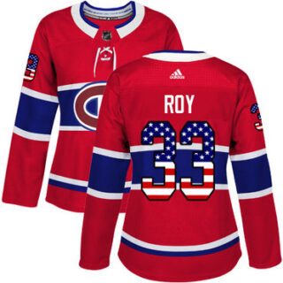 Women's Montreal Canadiens #33 Patrick Roy Red Home Authentic USA Flag Stitched NHL Jersey