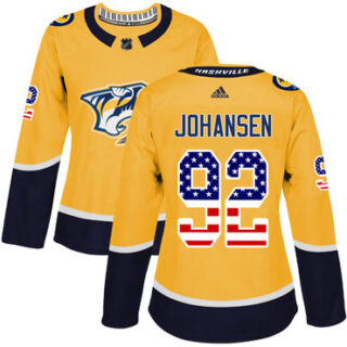 Women's Nashville Predators #92 Ryan Johansen Yellow Home Authentic USA Flag Stitched NHL Jersey