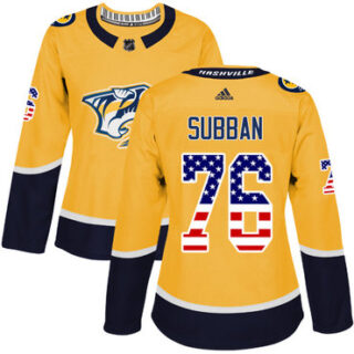 Women's Nashville Predators #76 P.K Subban Yellow Home Authentic USA Flag Stitched NHL Jersey
