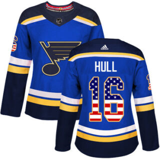 Women's St. Louis Blues #16 Brett Hull Blue Home Authentic USA Flag Stitched NHL Jersey