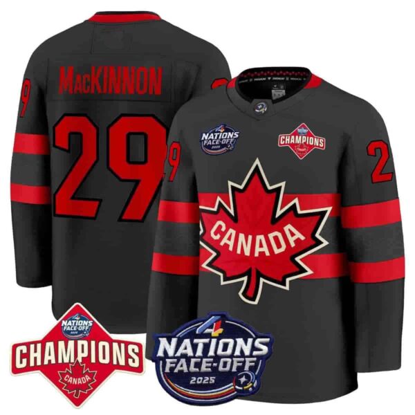 Canada 4 Nations Face-Off 2025 Champions Premium Black Nathan MacKinnon 29 All Stitched Jersey