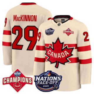 Canada 4 Nations Face-Off 2025 Champions Premium Cream Nathan MacKinnon 29 All Stitched Jersey