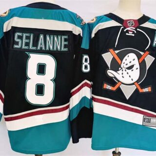 Men's Anaheim Ducks #8 Teemu Selanne Black Teal 2024-25 Stitched Jersey