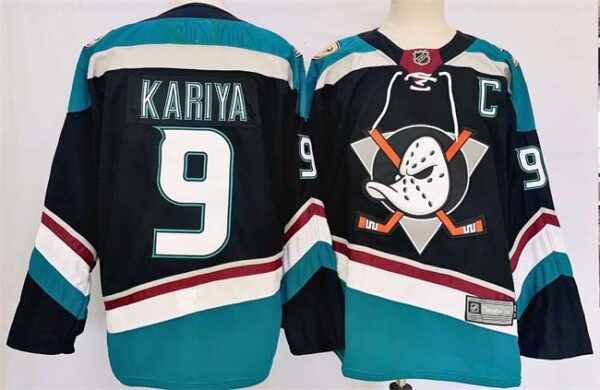 Men's Anaheim Ducks #9 Paul Kariya Black Teal 2024-25 Stitched Jersey