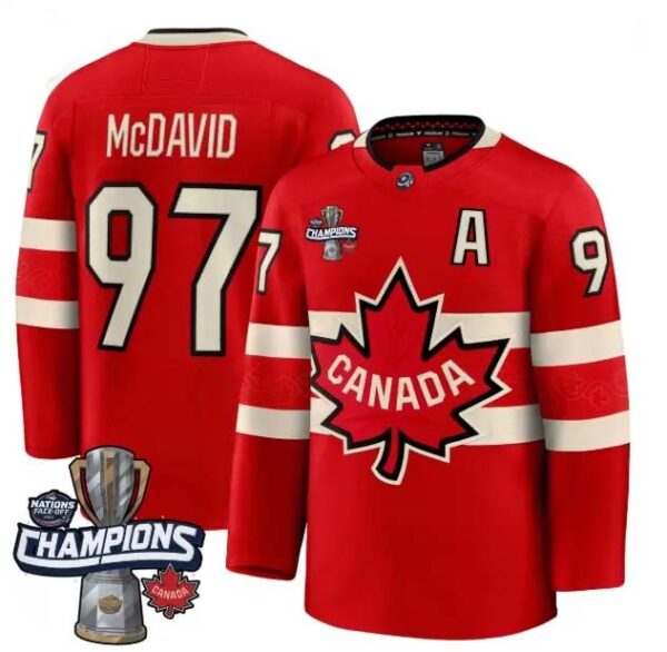 Men's Canada 2025 4 Nations Face-Off Champions Connor McDavid 97 Red All Stitched Jersey