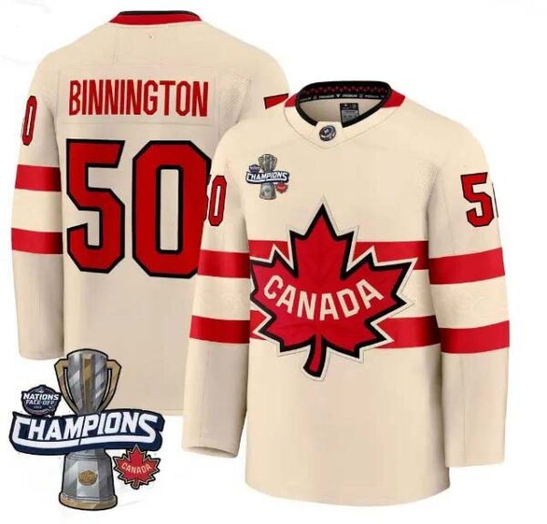 Men's Canada 2025 4 Nations Face-Off Champions Cream Jordan Binnington All Stitched Jersey