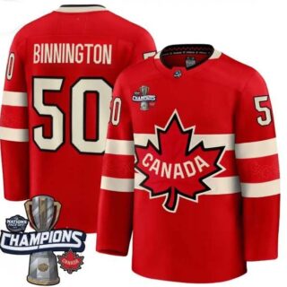 Men's Canada 2025 4 Nations Face-Off Champions red Jordan Binnington 50 All Stitched Jersey
