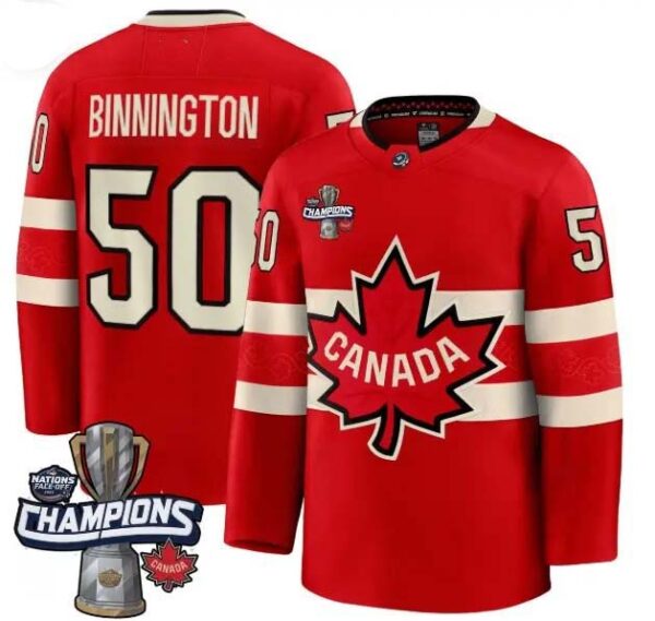 Men's Canada 2025 4 Nations Face-Off Champions red Jordan Binnington 50 All Stitched Jersey