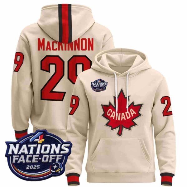 Men's Canada 4 Nations Face-Off 2025 Pullover Hoodie Nathan MacKinnon 29 All Stitched Jersey