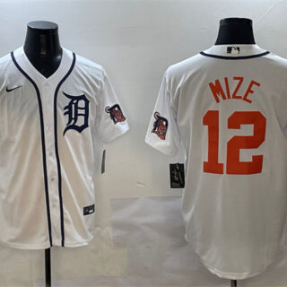Men's Detroit Tigers #12 Casey Mize White With Patch Cool Base Stitched Baseball Jersey