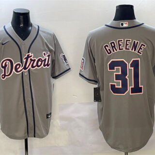 Men's Detroit Tigers #31 Riley Greene Grey With Patch Cool Base Stitched Baseball Jersey
