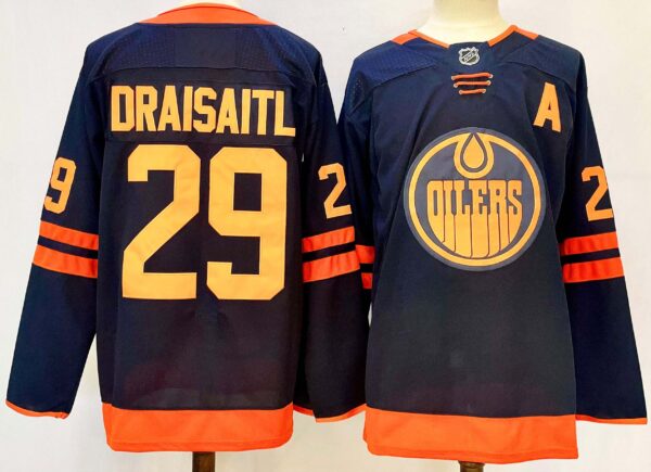 Men's Edmonton Oilers #29 Leon Draisaitl Navy 2024-25 A Patch Stitched Jersey