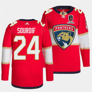 Men's Florida Panthers #24 Justin Sourdif Red Home 2024 Stanley Cup Champions Stitched Jersey