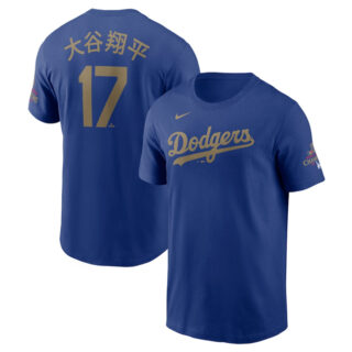 Men's Los Angeles Dodgers #17 Shohei Ohtani Royal 2025 Gold Collection Kanji Name & Number T-Shirt