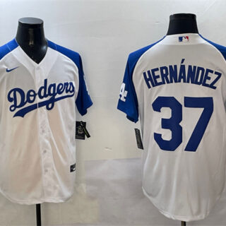 Men's Los Angeles Dodgers #37 Teoscar Hernandez White Blue Cool Base Stitched Baseball Jersey